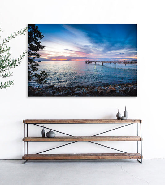 Blue Hour at the Amity Jetty fine art print styled on a wall