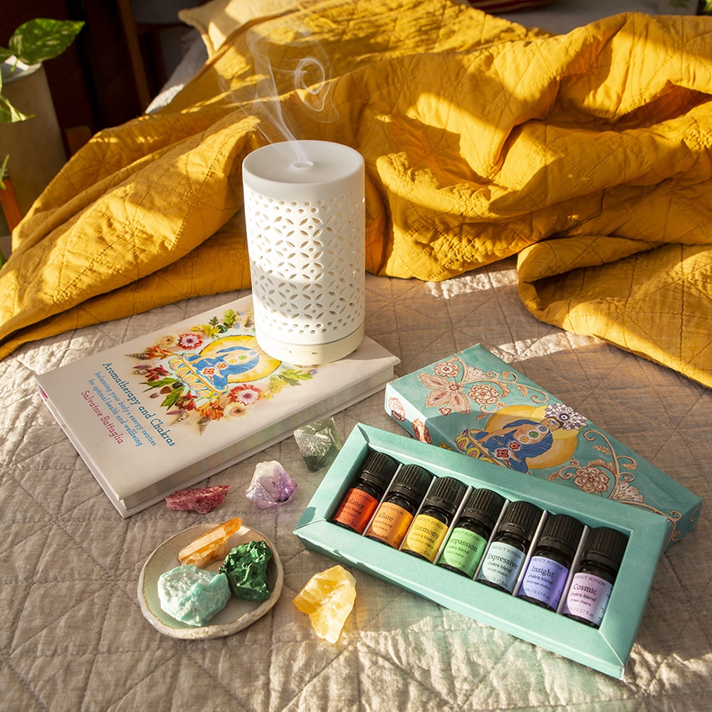 Chakra Essential Oils Kit with diffuser and book by Perfect Potion
