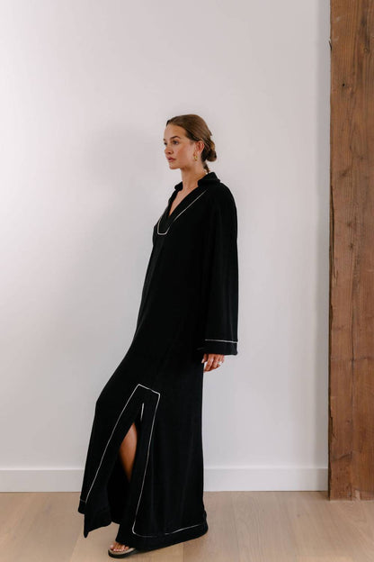 Empire Statement Kaftan - Black with White Piping