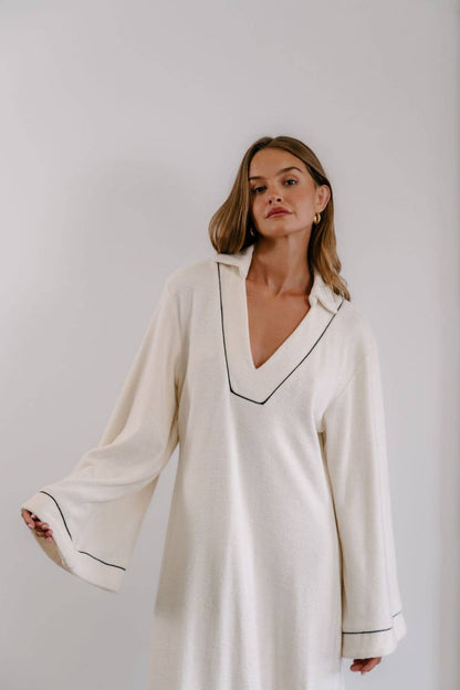Empire Statement Kaftan - White with Black Piping