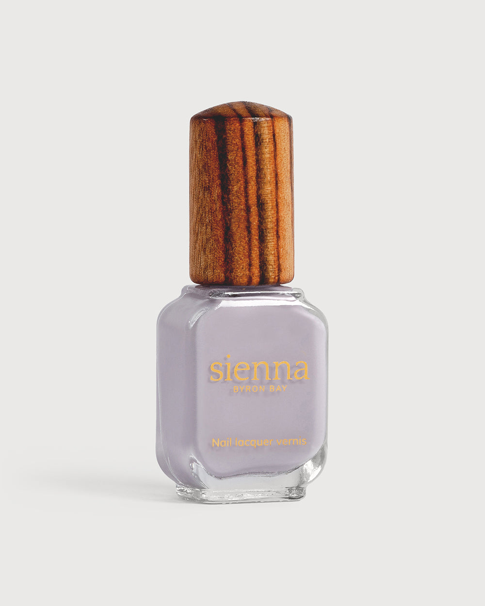 Eternal pastel purple-grey creme Sienna nail polish bottle with timber cap