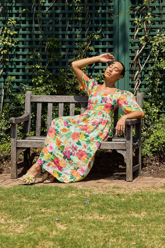 Hibiscus Pleated Sleeve Gathered Dress by ISABELLA LONGGINOU