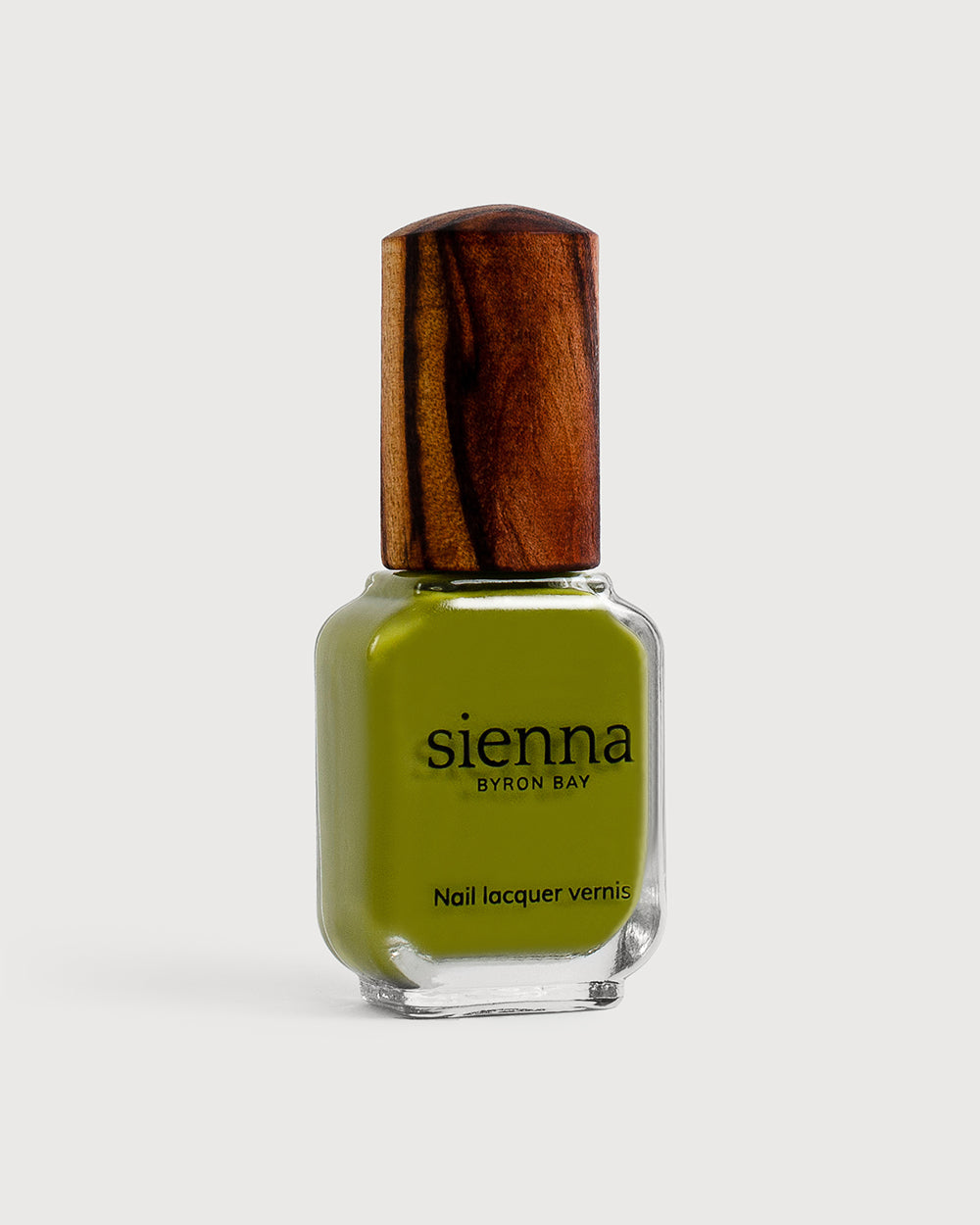 Radiance avocado green creme Sienna nail polish bottle with timber cap