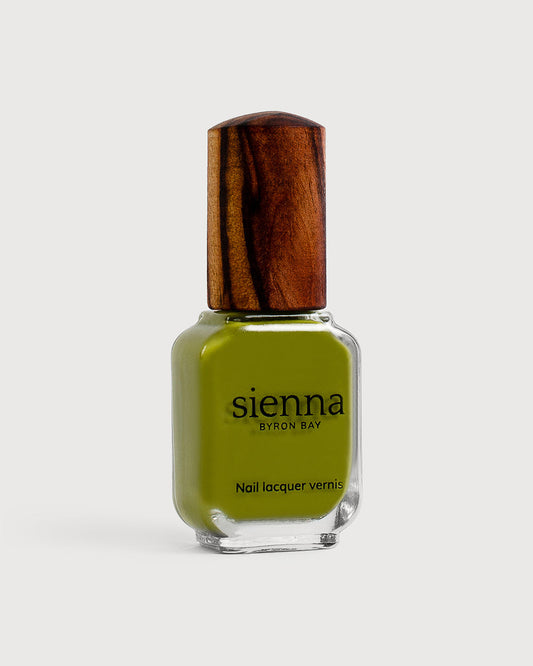 Radiance avocado green creme Sienna nail polish bottle with timber cap