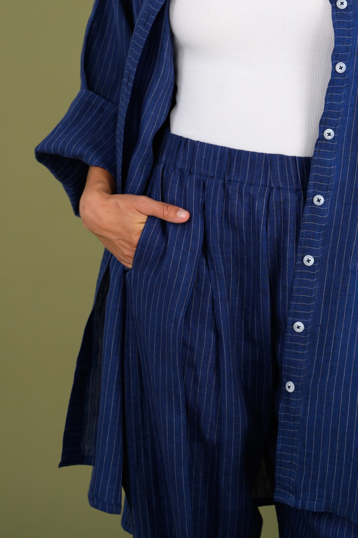 Salt Pant by The Boy and I — Linen Navy Pinstripe