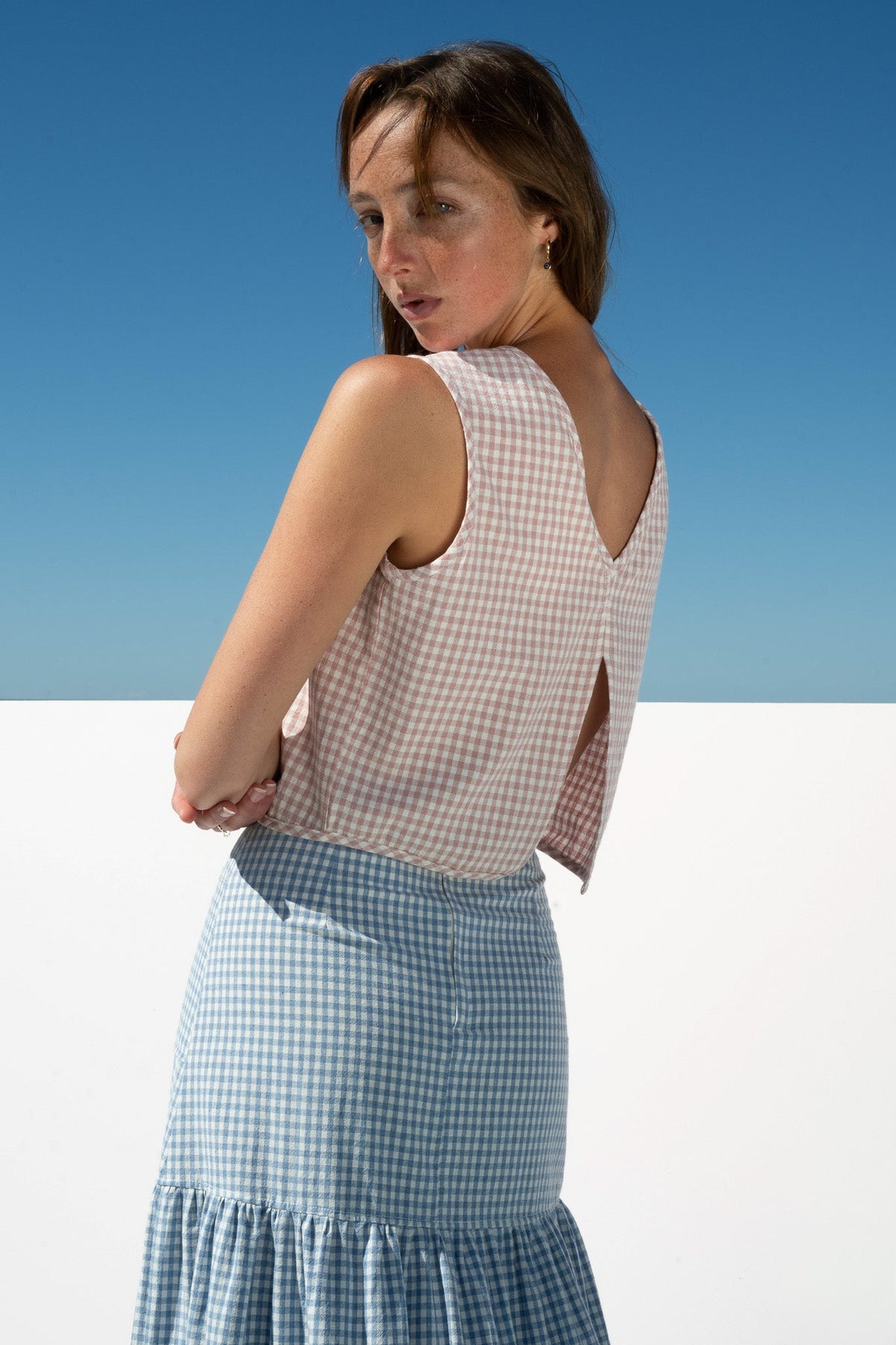 Box Crop Top Blush Gingham back V split