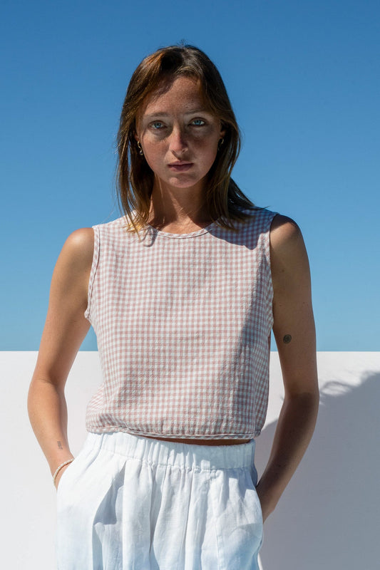 Box Crop Top Blush Gingham front