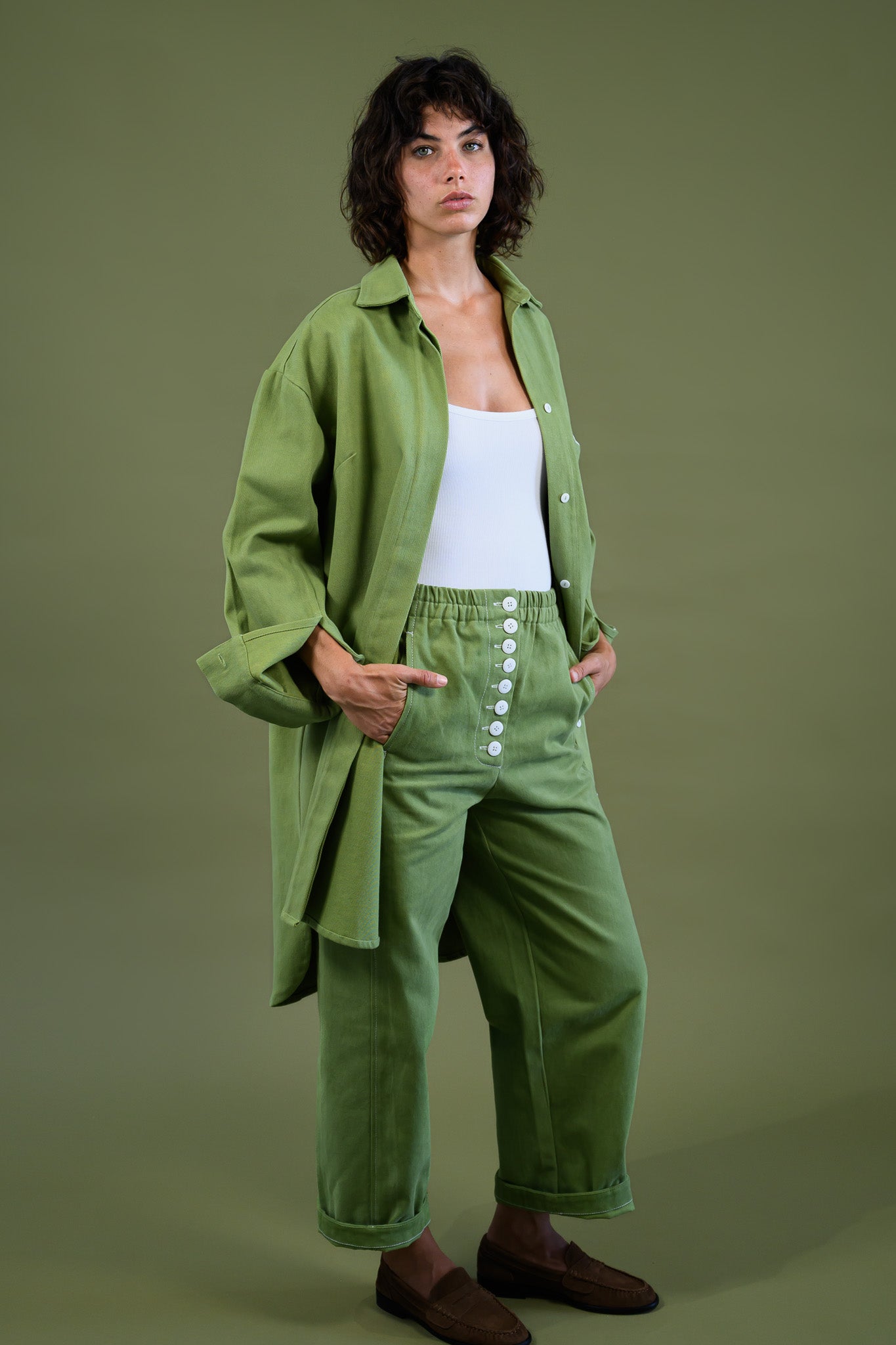 Sashiko Jacket by The Boy and I — Field Green cotton canvas denim, styled