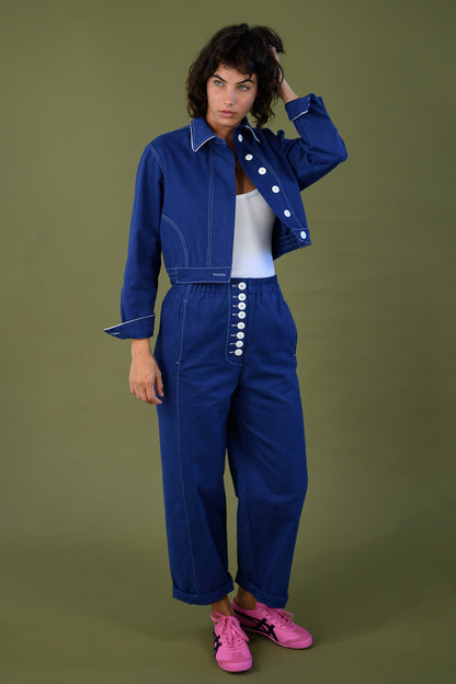 Blaze Button Pants by The Boy and I — French Navy organic cotton twill, full length