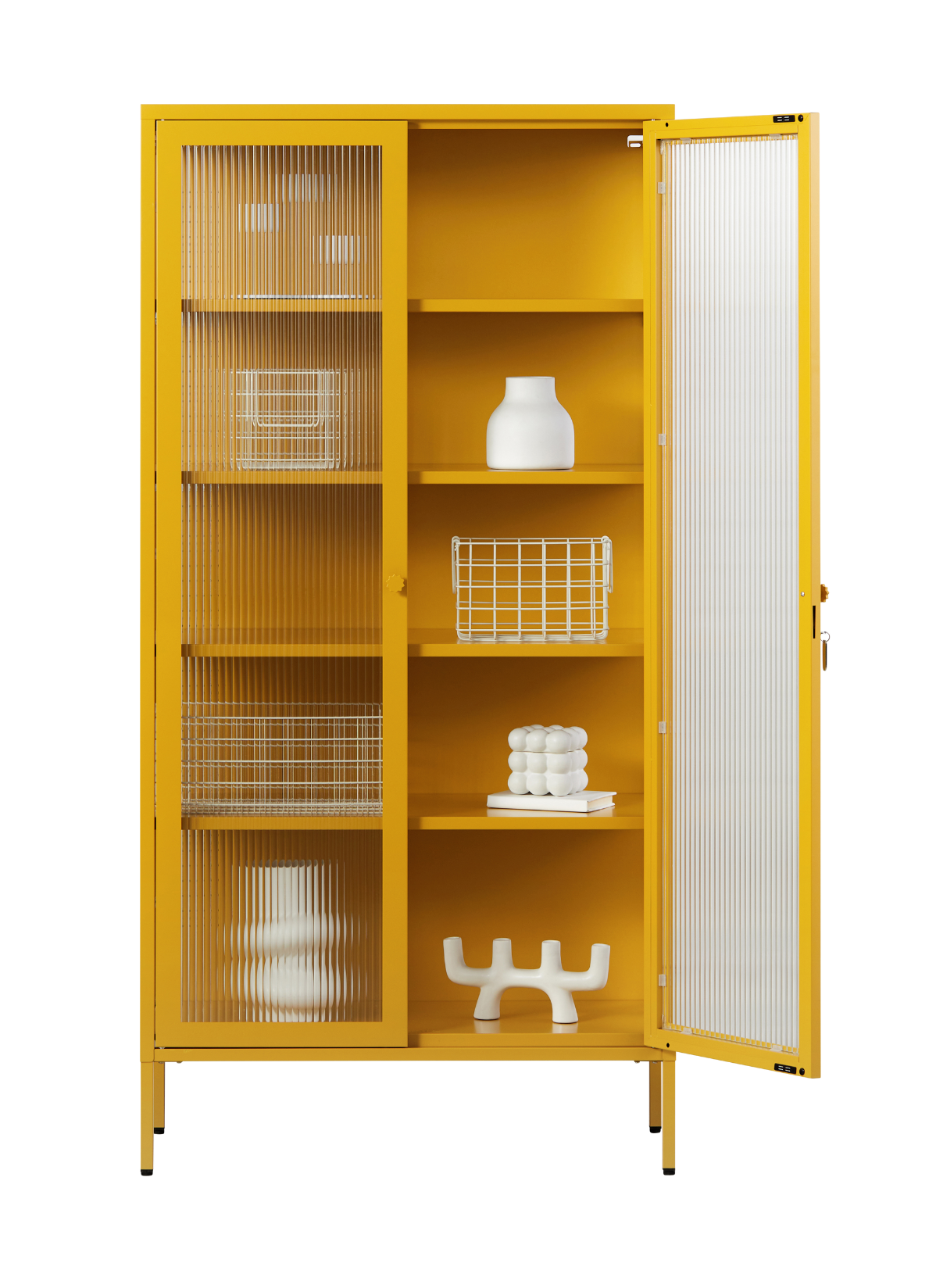 The Collector Glass Locker in Mustard — open
