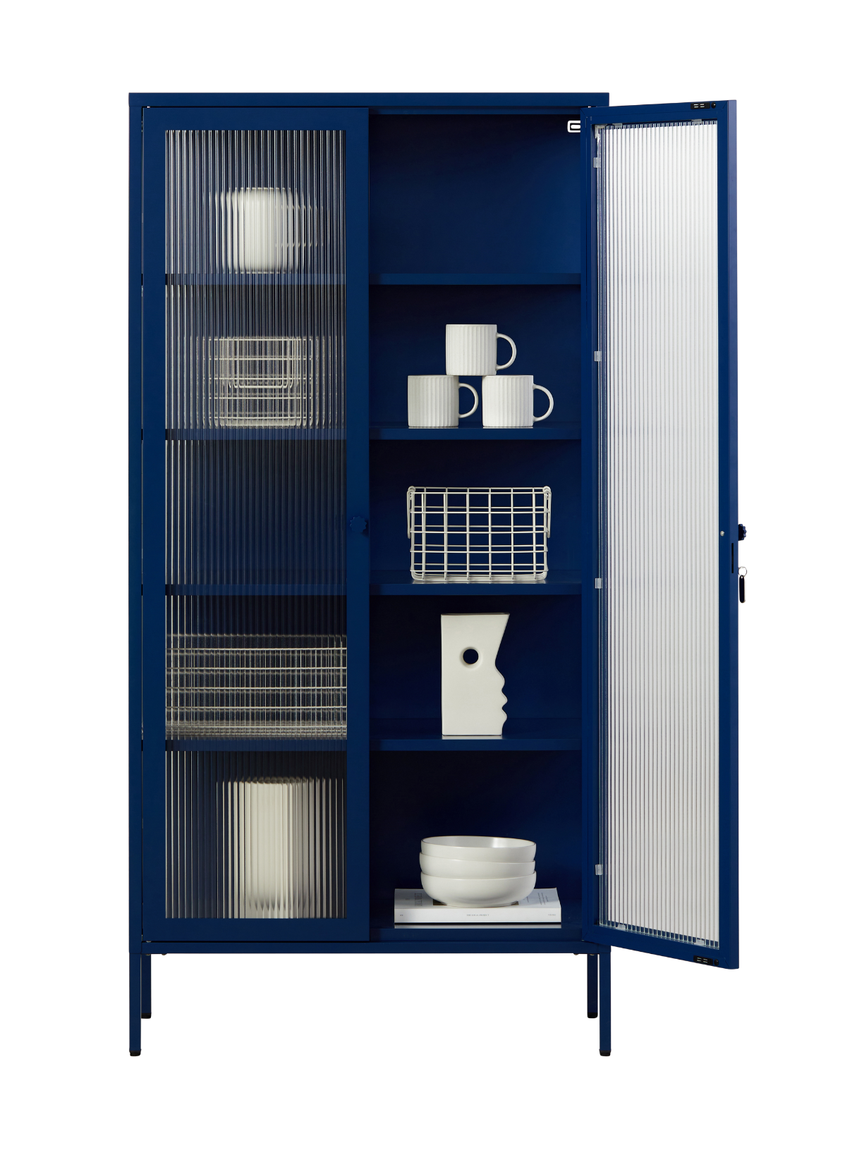 The Collector Glass Locker in Navy — open