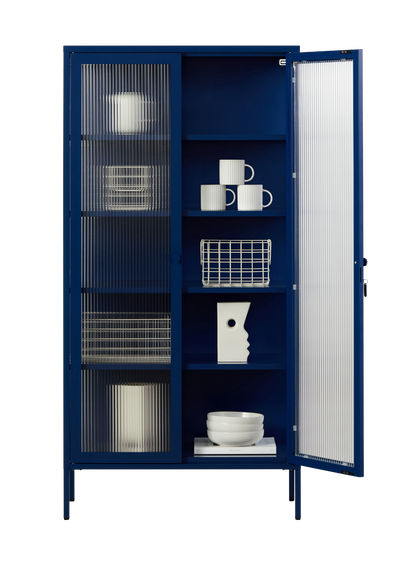 The Collector Glass Locker in Navy — open