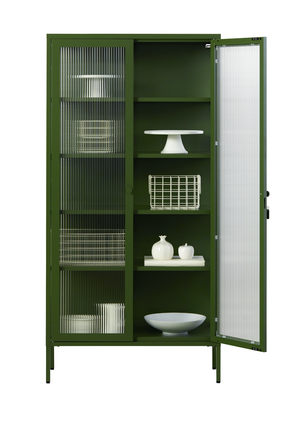 The Collector Glass Locker in Olive — open