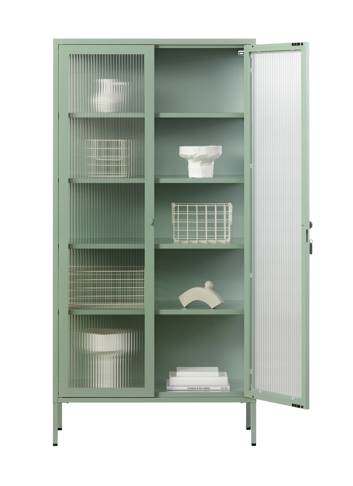 The Collector Glass Locker in Sage — open