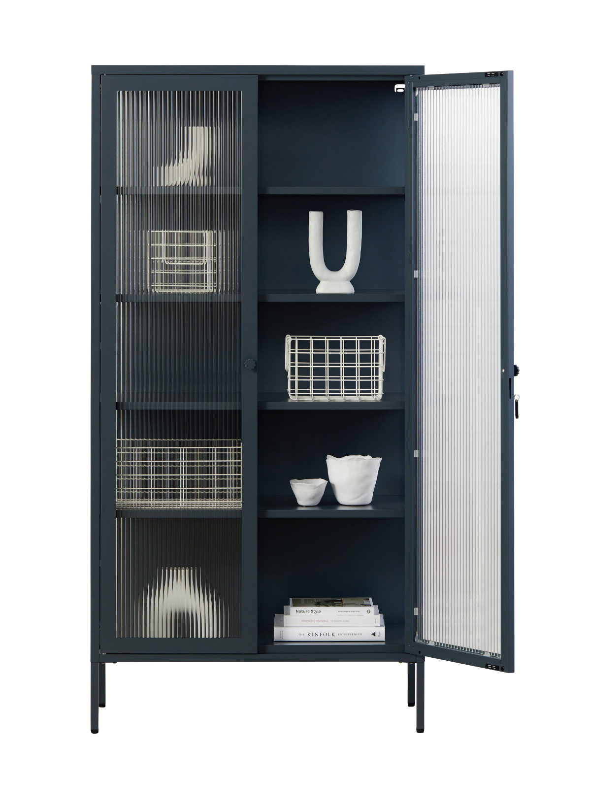 The Collector Glass Locker in Slate — open