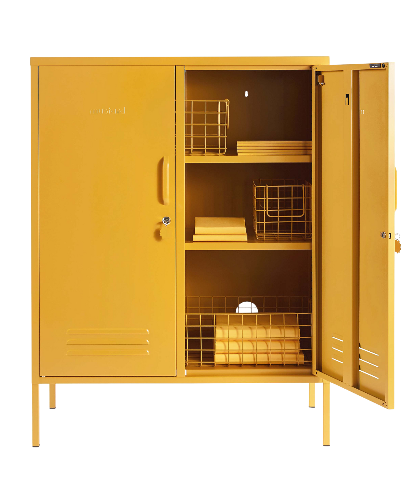The Midi Locker in Mustard — open