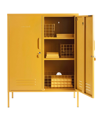 The Midi Locker in Mustard — open