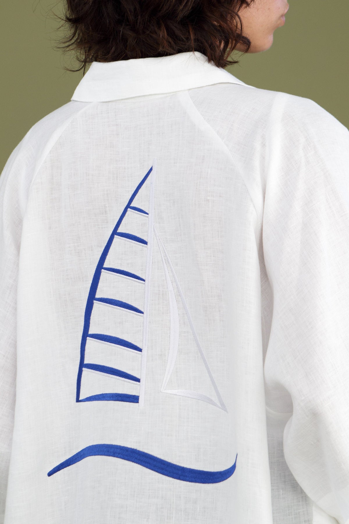 Embroidered Oceanic Shirt by The Boy and I — white linen with embroidered sailboat